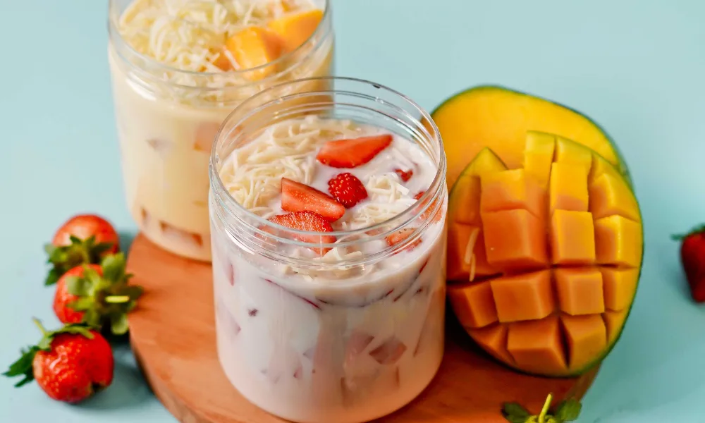a group of fruit in a jar
